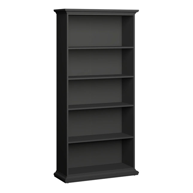 Paris bookcase tall in matte black with moulded cornice and five open shelves