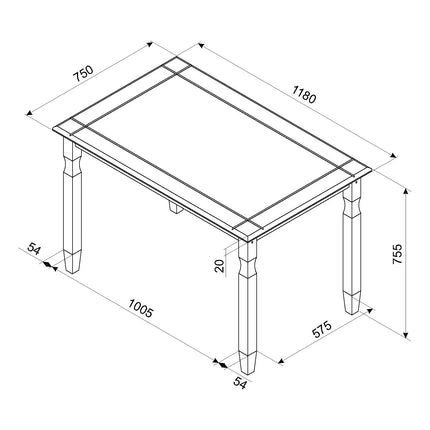 Corona dining table dimension diagram with labelled lengths 1180mm x 750mm and height 755mm