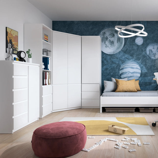 Fribo corner wardrobe in alpine white showing angled two-door corner unit with adjacent open shelving and base drawers