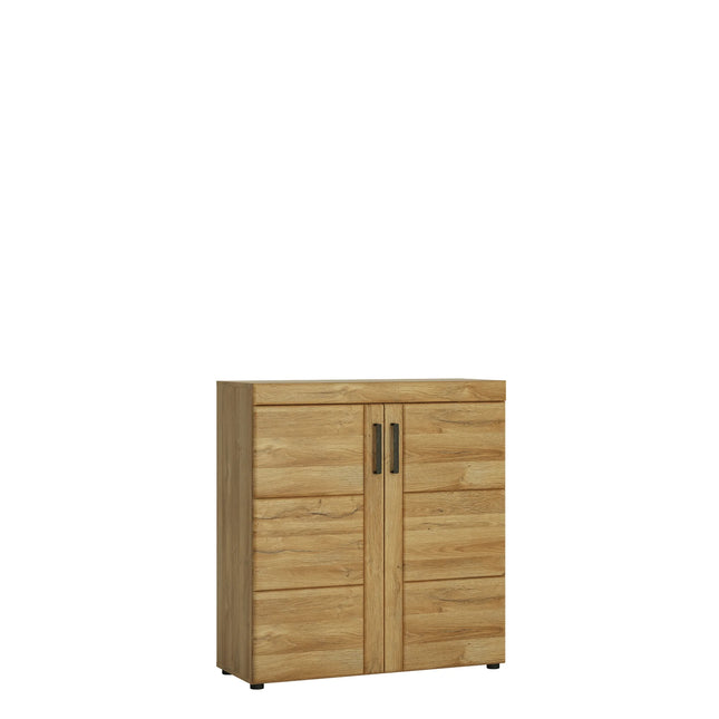Cortina two-door shoe cabinet in oak-effect finish with vertical black handles