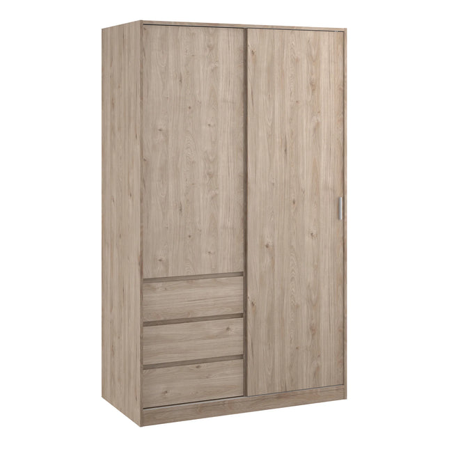 Naia wardrobe in light oak-effect finish with one sliding door, one hinged door and three drawers