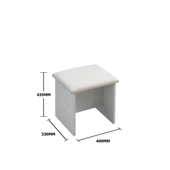 Astbury stool with white cushioned seat and measurement lines (435mm height, 400mm width, 330mm depth)