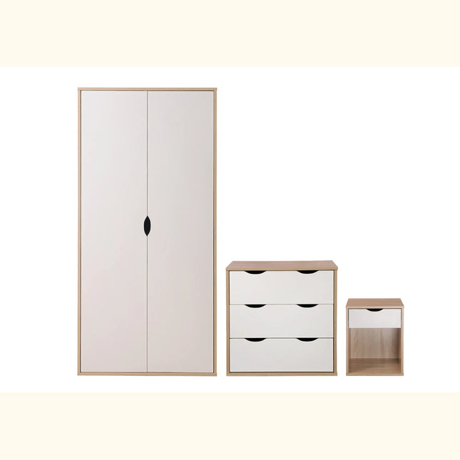Alton 3-piece bedroom set with tall two-door wardrobe, three-drawer chest and open bedside unit in white fronts and oak-effect frames