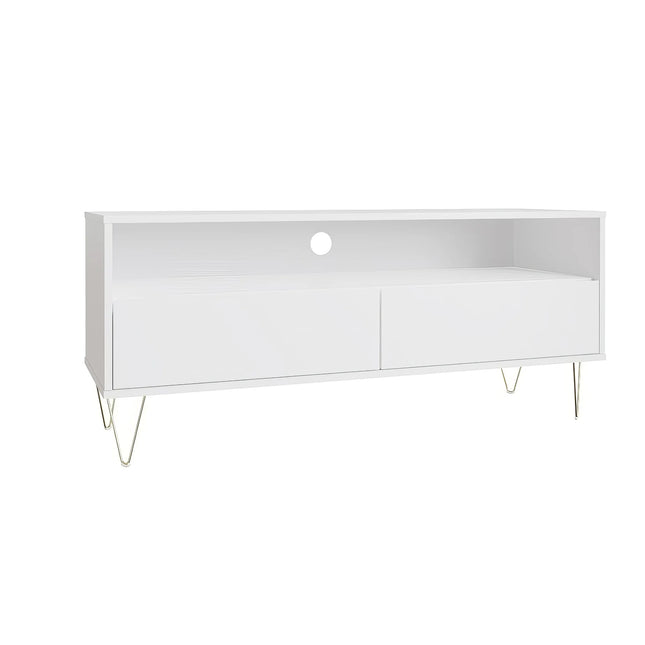 Monaco TV unit in white with open shelf, cable hole and gold hairpin legs