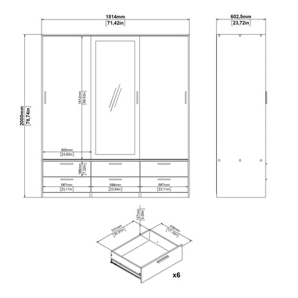 Line - Wardrobe with 3 Doors 6 Drawers