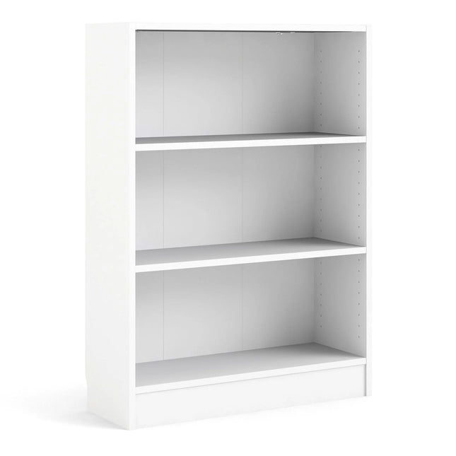 Basic bookcase in white with three open shelves and adjustable shelf peg holes