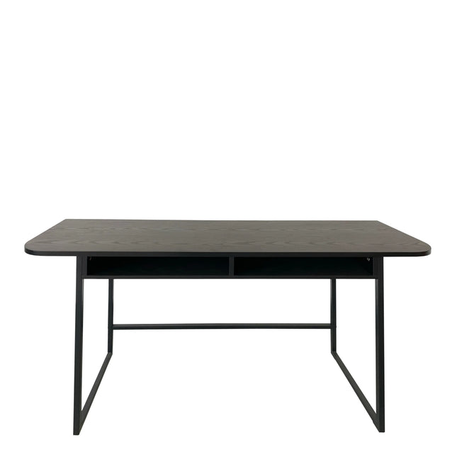 Darlington console table oak-effect top with black metal frame and open cubby shelf