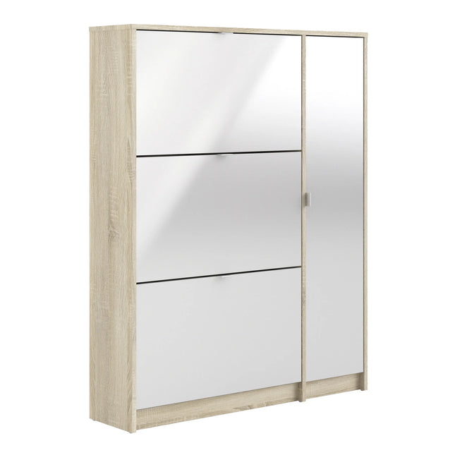 Shoes shoe cabinet with light oak frame, three white tilting compartments and slim side door handle