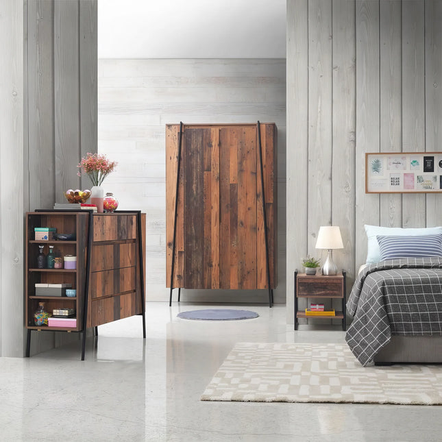 Abbey bed set with reclaimed-look wood headboard, matching bedside and tall chest on black metal legs