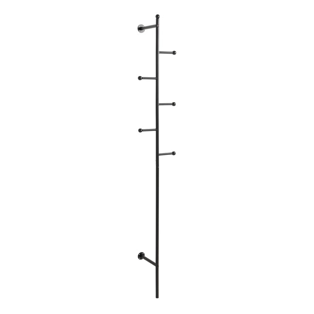 Aspen wall-mounted coat rack in matte black steel with five staggered rounded hooks and circular wall fixings