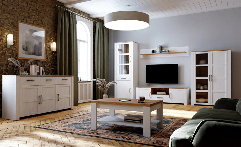 White and wood-toned modular living room furniture set with glass-paneled cabinets and a central tv console
